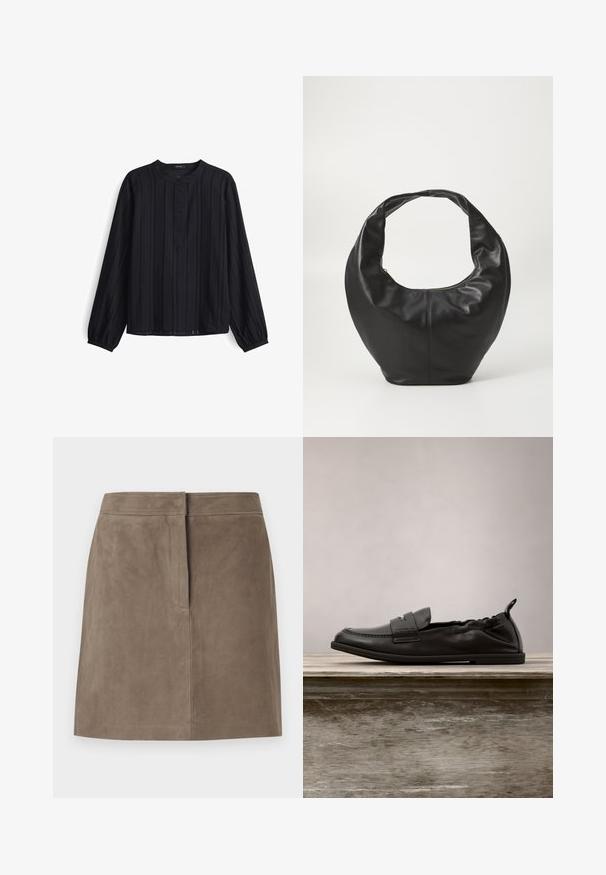 Schwarzes Langarmshirt mit vertikalem Rippstruktur, runder Halslinie und Knopfverschluss. Weicher Stoff mit leicht lockerer Passform.; Taupe-farbenen, knielangen Wildlederrock mit geradem Schnitt und einer verdeckten Nahtdetail an der Vorderseite vor einem schlichten Hintergrund.; Schwarze Leder-Loafers mit glatter Textur, die ein hervorgehobenes Riemendetail aufweisen, auf einer Holzoberfläche stehend, umgeben von Grünpflanzen.; Schwarze Ledertasche mit einer runden, lässigen Form. Sie verfügt über einen breiten, geschwungenen Griff und ein ungefüttertes Innenfutter mit einem Reißverschlussverschluss.