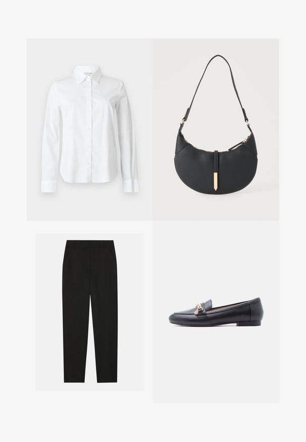 Camisa blanca de manga larga con botones, hecha de algodón. Cuenta con un cuello puntiagudo, una parte delantera completamente abotonada y puños con una textura suave.; Pantalones negros con un diseño ajustado, que cuentan con bolsillos laterales y pierna recta. Fabricados con una tela suave y liviana con un acabado elegante.; Mocasín de cuero negro con tacón bajo y detalle de cadena dorada en la parte superior, mostrado de perfil sobre un fondo blanco.; Bolso negro en forma de media luna con una sola correa, cremallera dorada y una lengüeta decorativa rectangular dorada en la parte delantera.