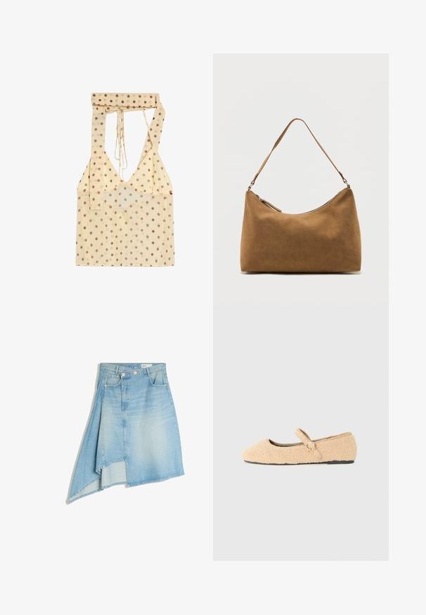 Haut beige à col licou avec des pois marron et un décolleté en V profond, doté de longues lanières pour nouer autour du cou.; Jupe en denim bleu clair asymétrique avec poches avant, ceinture à double bouton et détail de ourlet superposé.; Chaussure plate Mary Jane en beige peluche avec bout arrondi, sangle réglable avec boucle circulaire et semelle noire sur fond blanc.; Sac à bandoulière en daim marron avec une seule sangle et une fermeture éclair supérieure, présenté sur un fond blanc uni.
