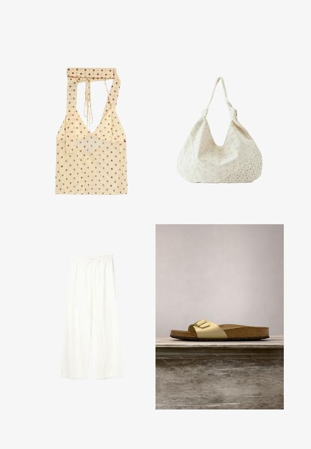 Haut beige à col licou avec des pois marron et un décolleté en V profond, doté de longues lanières pour nouer autour du cou.; Pantalon blanc à jambes larges avec taille élastique et cordon de serrage, en tissu léger.; Sandale glissante synthétique dorée avec une seule sangle et un accent de boucle, dotée d'un pied en liège brun et d'une semelle en caoutchouc texturé.; Sac à épaule en tissu couleur crème avec broderie florale à œillets et une seule bandoulière souple.