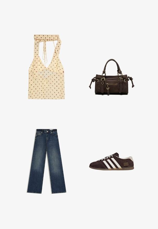 Beige haltertop met bruine polka dots en een diepe V-hals, voorzien van lange banden om rond de nek te strikken.; Donkerblauwe jeans met brede pijpen, klassiek ontwerp met vijf zakken, knoop- en ritssluiting, en subtiele vervaging op de voorkant van de dijen.; Bruine suède sneakers met drie witte strepen, rubberen zool en een tekstlabel met de tekst "Gazelle" in goud. Vetersluiting met grijze veters.; Donkerbruine leren handtas met dubbele handvatten, voorvak met ritssluiting, decoratieve gespen en zijknopen op een witte achtergrond.