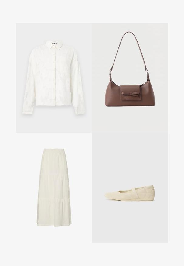 Camisa blanca de botones con un patrón floral texturizado, mangas largas, cuello y un único bolsillo en el pecho. Presenta un corte relajado.; Falda maxi blanca, en capas, hecha de una tela ligera y texturizada con una cinturilla elástica. Presenta tres secciones de tela distintas.; Bailarinas beige con un exterior de cuero liso, punta en forma de almendra y una correa elástica en el empeine, con detalles de costura sutiles.; Bolso bandolera de cuero marrón con un bolsillo frontal de solapa que presenta un detalle de moño cosido y una correa ajustable.