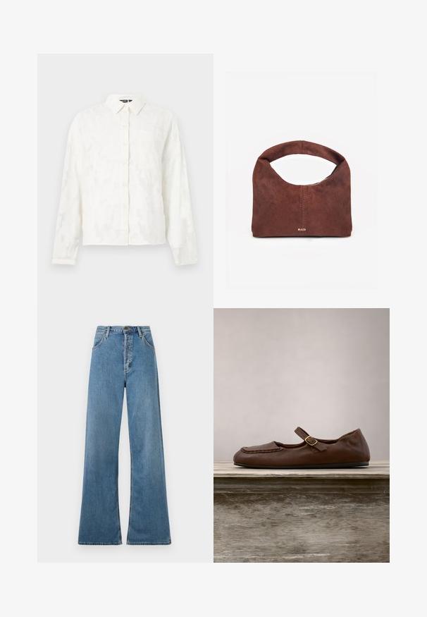 Weißes Hemd mit Knopfverschluss, mit einem strukturierten Blumenmuster, langen Ärmeln, Kragen und einer einzelnen Brusttasche. Hat eine lockere Passform.; Hellblaue weite Jeans mit hoher Taille, ausgestattet mit vorderen Taschen und einem Reißverschluss, vor einem weißen Hintergrund präsentiert.; Brauner Mary Jane flacher Lederschuh mit Schnallriemen, auf einem Holztisch im Freien vor grünem Laub platziert.; Braune Wildleder-Handtasche mit abgerundetem Griff, weicher Textur, vertikaler Naht und goldenem "RAID" Logo vorne in der Mitte.