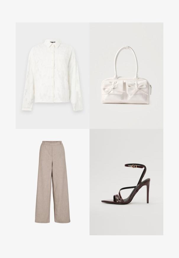 Camisa blanca de botones con un patrón floral texturizado, mangas largas, cuello y un único bolsillo en el pecho. Presenta un corte relajado.; Pantalones anchos beige hechos de tejido liviano. Cuentan con una textura suave, una cintura ajustada y bolsillos laterales para un detalle funcional.; Sandalia de tacón alto de charol burdeos con tira en el tobillo, punta afilada y tres tiras horizontales en el pie. Detalle de hebilla en tono dorado.; Bolso sintético blanco con dos bolsillos delanteros, cada uno con un detalle de lazo atado. Textura suave, asas redondeadas y cierre de cremallera.