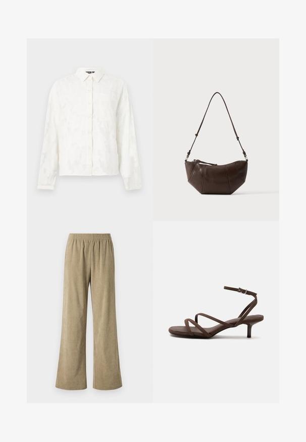 Camisa blanca de botones con un patrón floral texturizado, mangas largas, cuello y un único bolsillo en el pecho. Presenta un corte relajado.; Pantalones de pana anchos en color beige con cintura elástica, que presentan una textura acanalada vertical y un corte holgado. Ideales para un look casual.; Sandalia marrón de tacón alto con tiras finas cruzadas y una correa en el tobillo con una hebilla plateada sobre un fondo blanco.; Bolso de hombro de cuero marrón con fondo curvado y correa ajustable sobre un fondo claro y liso.