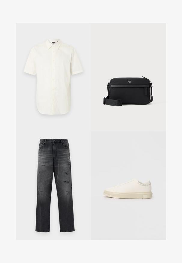 Chemise blanche à manches courtes avec col pointu, boutons sur le devant et ourlet droit, posée sur un fond uni.; Jean en denim noir avec une coupe décontractée, présentant un design délavé et des patchs déchirés. Style standard cinq poches et fermeture à bouton.; Sneaker blanc avec une tige en toile lisse, des lacets plats, un col rembourré et un accent gris texturé à l'arrière. Semelle en caoutchouc épaisse.; Sac bandoulière rectangulaire noir avec poche avant zippée, sangle réglable et petit logo métallique en haut au centre.