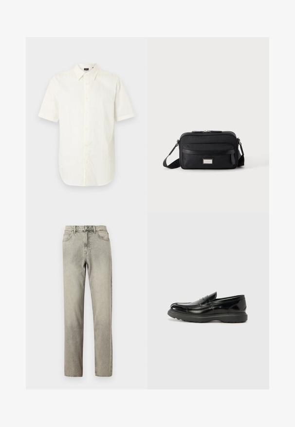 Chemise blanche à manches courtes avec col pointu, boutons sur le devant et ourlet droit, posée sur un fond uni.; Jean en denim gris clair, coupe droite, cinq poches et fermeture à boutons. Le tissu présente une texture légèrement relevée.; Mocassin en cuir noir avec une finition brillante, bout arrondi, détails de couture subtils et semelle en caoutchouc épaisse pour la durabilité.; Sac bandoulière rectangulaire noir avec poche avant zippée, sangle réglable et plaque logo rectangulaire argentée sur fond uni.