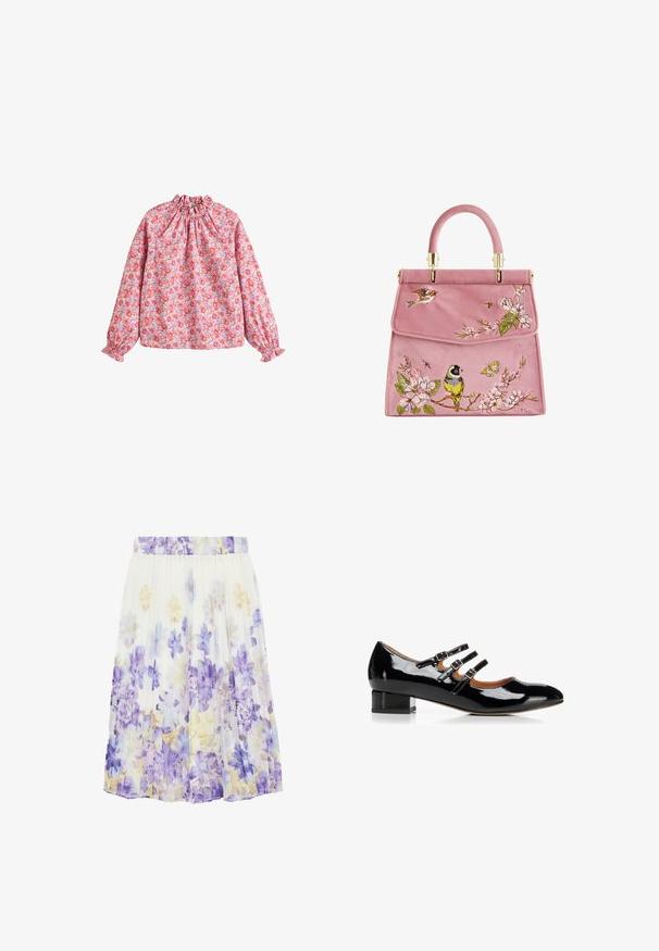 Blusa floral con escote y puños fruncidos, con un fondo rosa y flores rojas y moradas, hecha de una tela ligera.; Falda blanca plisada con un patrón floral en tonos morados, azules y amarillo pálido, con una cintura elástica.; Zapato Mary Jane de charol negro con tres correas ajustables con hebilla y un tacón bajo de bloque, mostrado de perfil sobre fondo blanco.; Bolso de ante rosa con bordado floral, que presenta pájaros y mariposas. Herrajes en tono dorado y asa redondeada en la parte superior. Cierre elegante de solapa.