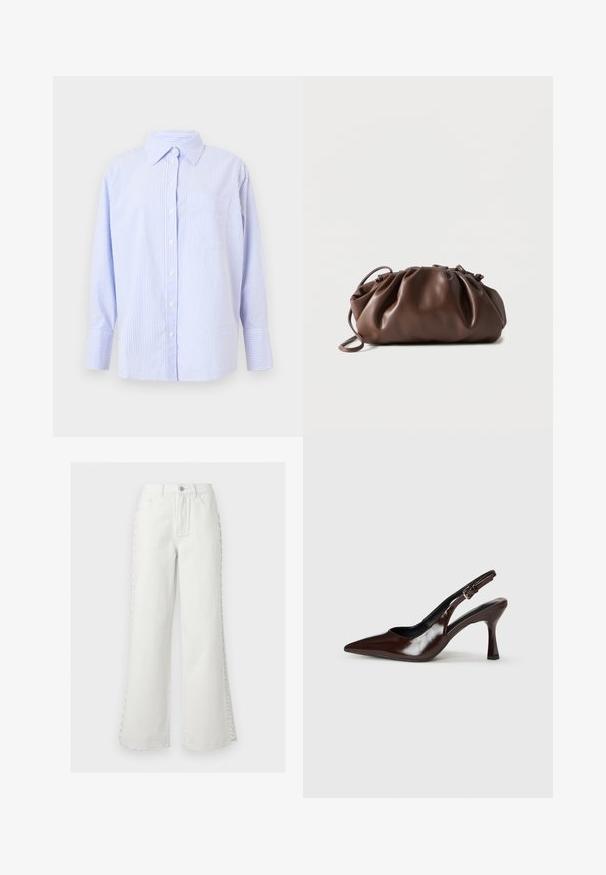 Lyseblå og hvidstribet button-up skjorte med krave, lange ærmer og en brystlomme. Fremstillet af glat bomuldsstof.; Hvide jeans med høj talje og vide ben, foran lommer, bæltestropper, knaplukning og dekorativ snøredetalje på siderne af begge ben.; Brune patenterede læderslingback-sandaletter med spids tå, en tynd hæl og justerbar rem med en lille spænde.; Blød brun læderpung med samlet top og tynd strop, hvilende på hvid baggrund.