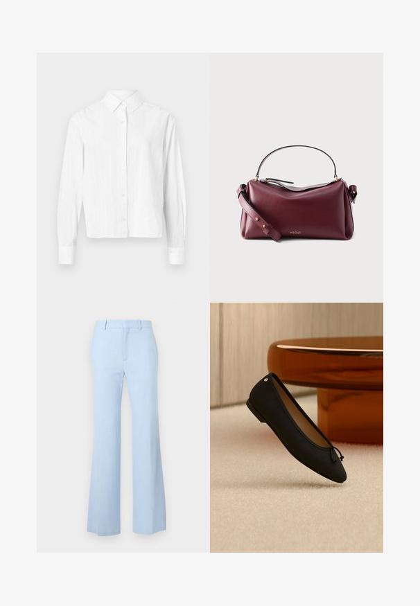 Chemise blanche à boutons, fabriquée en tissu léger. Présente des manches longues, un col classique et des rayures verticales discrètes. Design court.; Pantalon droit taille haute bleu clair avec passants pour ceinture et fermeture frontale dissimulée sur un fond uni.; Une chaussure de ballet plate noire unique avec un petit nœud et un détail doré, placée sur un tapis beige près d'une table ronde couleur ambre.; Sac à main en cuir rouge foncé avec poignée supérieure, bandoulière réglable, quincaillerie dorée et petit logo "NEOUS" sur le devant.