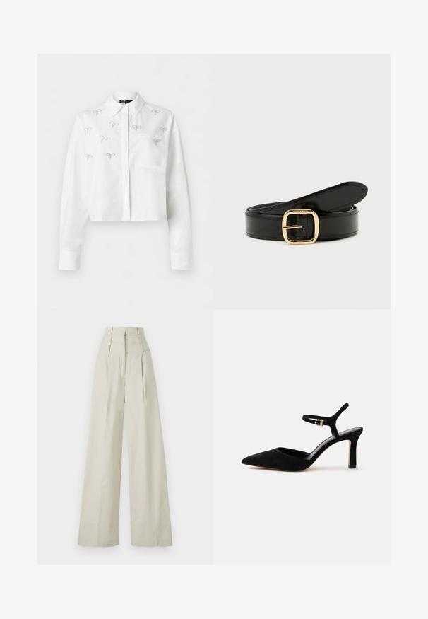 Chemise blanche à manches longues, courte, avec col, poche avant, fermeture à boutons et petits ornements argentés en forme de nœud papillon dispersés sur le devant.; Pantalons larges beiges en tissu lisse, avec une taille haute dotée de trois bandes horizontales et des plis à l'avant.; Chaussure à talon haut en daim noir avec bout pointu et fine bride chevillère avec une petite boucle dorée.; Ceinture en cuir noir avec une boucle rectangulaire dorée brillante, enroulée sur un fond clair.