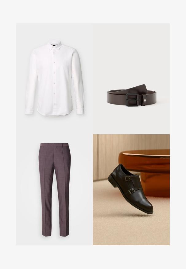 Chemise blanche à manches longues avec col boutonné et petit logo brodé sur la poitrine gauche.; Pantalons sur mesure pour hommes dans une teinte violette douce, présentant une texture lisse, une coupe droite et des plis avant pour un détail supplémentaire.; Chaussure noire en cuir à double boucle flottant au-dessus d'un tapis beige, avec du mobilier marron courbé en arrière-plan.; Ceinture en cuir marron foncé avec une boucle métallique rectangulaire noire, enroulée sur un fond blanc.
