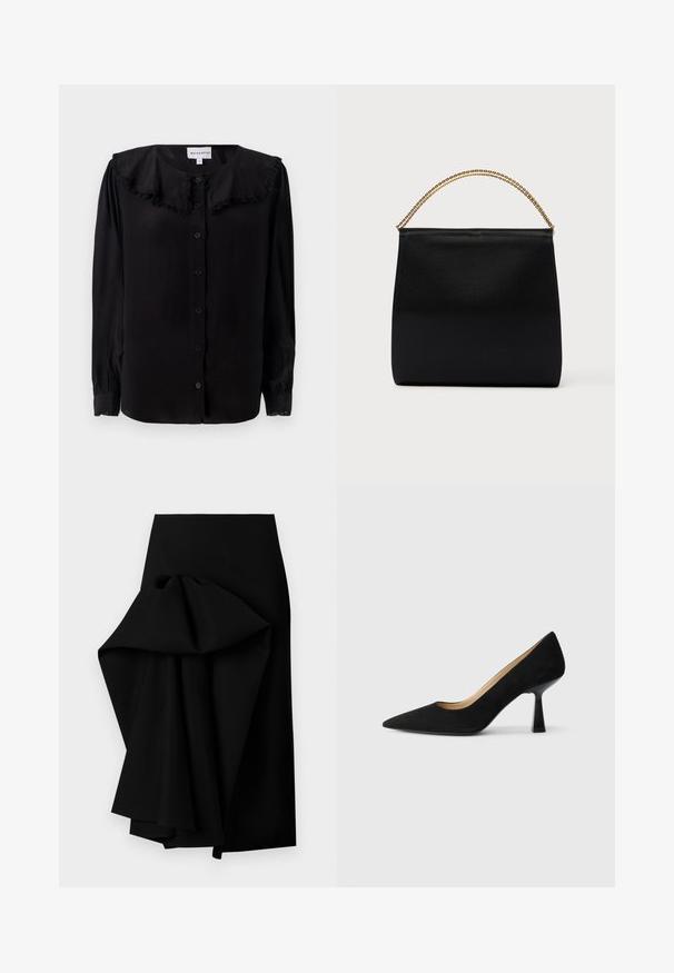 Blouse noire à manches longues avec un col volanté, des boutons sur le devant et des poignets fuselés. Fabriquée à partir d'un tissu lisse avec un léger éclat.; Jupe noire en tissu lisse, présentant un design drapé surdimensionné d'un côté, formant un ourlet asymétrique.; Pompe à talons hauts en suède noir avec un bout pointu, dotée d'un talon bloc noir brillant et d'une doublure intérieure lisse.; Sac noir en tissu lisse, présentant une forme structurée, une poignée en chaîne dorée et un design géométrique minimaliste.