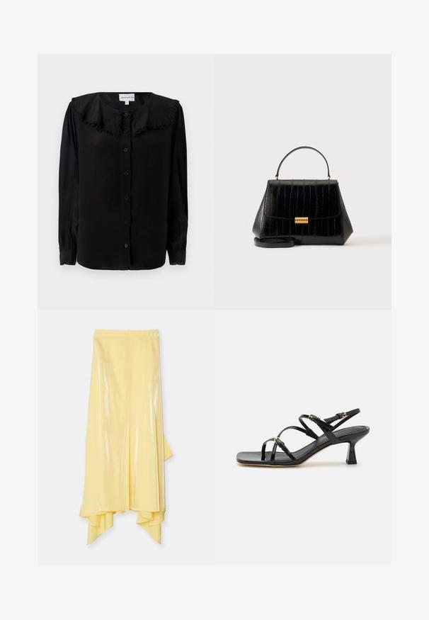 Blouse noire à manches longues avec un col volanté, des boutons sur le devant et des poignets fuselés. Fabriquée à partir d'un tissu lisse avec un léger éclat.; Jupe midi jaune avec un ourlet asymétrique, fabriquée en tissu brillant et lisse. Elle présente une taille ajustée et une silhouette fluide.; Sandales à strapes en cuir verni noir avec un bout carré et un petit talon carré. Présente des accessoires en métal doré et des brides de cheville réglables.; Sac à main en cuir noir avec poignée supérieure, fermoir doré et bandoulière amovible sur un fond clair uni.