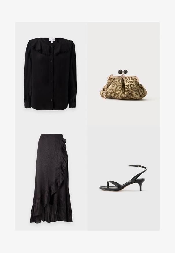 Blouse noire à manches longues avec un col volanté, des boutons sur le devant et des poignets fuselés. Fabriquée à partir d'un tissu lisse avec un léger éclat.; Jupe en satin noir avec un ourlet froncé et des détails sur le côté. Le motif léopard texturé ajoute un intérêt visuel. Silhouette longue et fluide.; Sandale pour femme en cuir noir avec fines lanières, une boucle d'orteil, une boucle à la cheville et un talon aiguille de hauteur moyenne sur un fond neutre.; Petite pochette avec motif géométrique doré et noir, cadre en métal doré, fermeture à boule noire et une courte chaîne dorée.