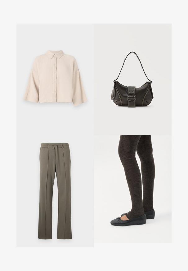 Korte mouwen, knoopsluiting overhemd in een lichtbeige, gekreukt materiaal. Beschikt over een puntige kraag en losse, brede mouwen voor een relaxte pasvorm.; Khaki broeken met een rechte pijpdesign, een trekkoord taille en twee plooien aan de voorkant. Gemaakt van een zachte, gestructureerde stof.; Benen met donkere geribbelde leggings gecombineerd met zwarte ballerina's met kleine strikdetails op een witte achtergrond.; Zwarte leren schoudertas met gespsluiting aan de riem, afgeronde hoeken en contrasterende witte stiksels op een effen achtergrond.