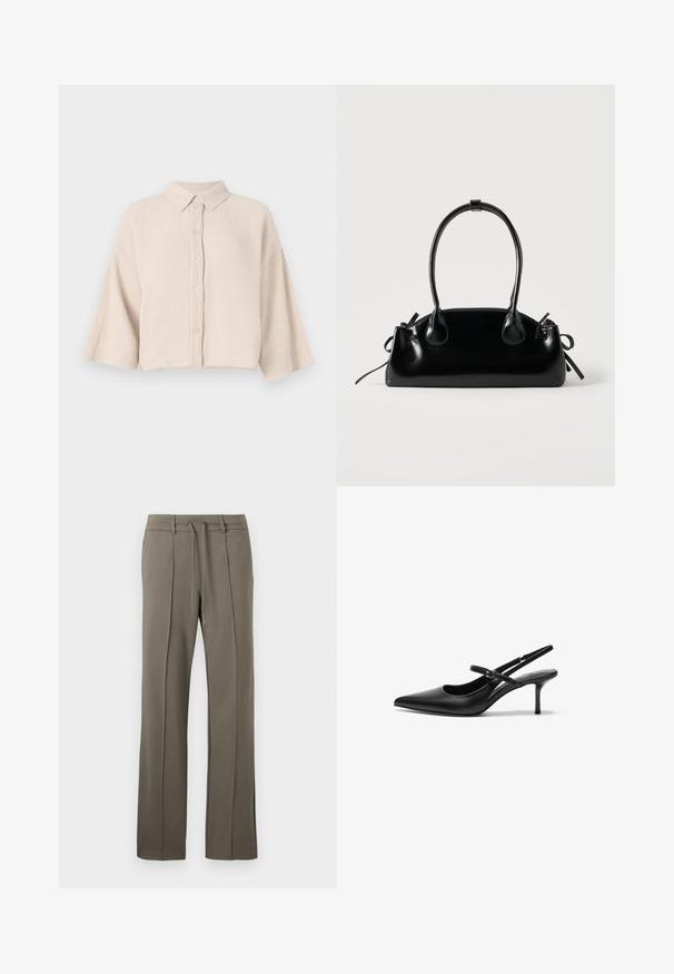 Korte mouwen, knoopsluiting overhemd in een lichtbeige, gekreukt materiaal. Beschikt over een puntige kraag en losse, brede mouwen voor een relaxte pasvorm.; Khaki broeken met een rechte pijpdesign, een trekkoord taille en twee plooien aan de voorkant. Gemaakt van een zachte, gestructureerde stof.; Zwarte leren slingback hakken met een puntige neus, slanke verstelbare band en een ongeveer 5 cm hoge stiletto hak, met een gladde textuur.; Kleine zwarte glanzende handtas met twee lange hengsels en zijkant trekkoord details op een effen lichte achtergrond.