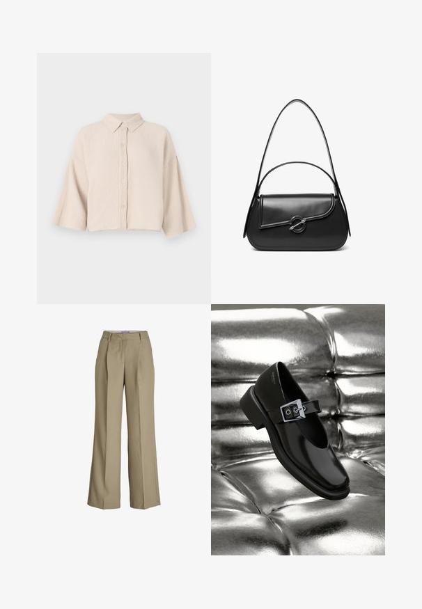 Kortærmet, knappet skjorte i en lys beige, krøllet stof. Har en spids krave og løse, brede ærmer for en afslappet pasform.; Beige vide ben bukser med høj talje, frontfolder og en glat stoftekstur. Klassisk design med en skræddersyet finish.; Sorte læder Mary Jane sko med firkantet tå, en sølv spænde accent og en chunky lav hæl, sat mod en glansfuld sølv baggrund.; Sort skuldertaske i læder med en buet klap, der er fastgjort med en rund metal spænde, og en slank, justerbar rem.