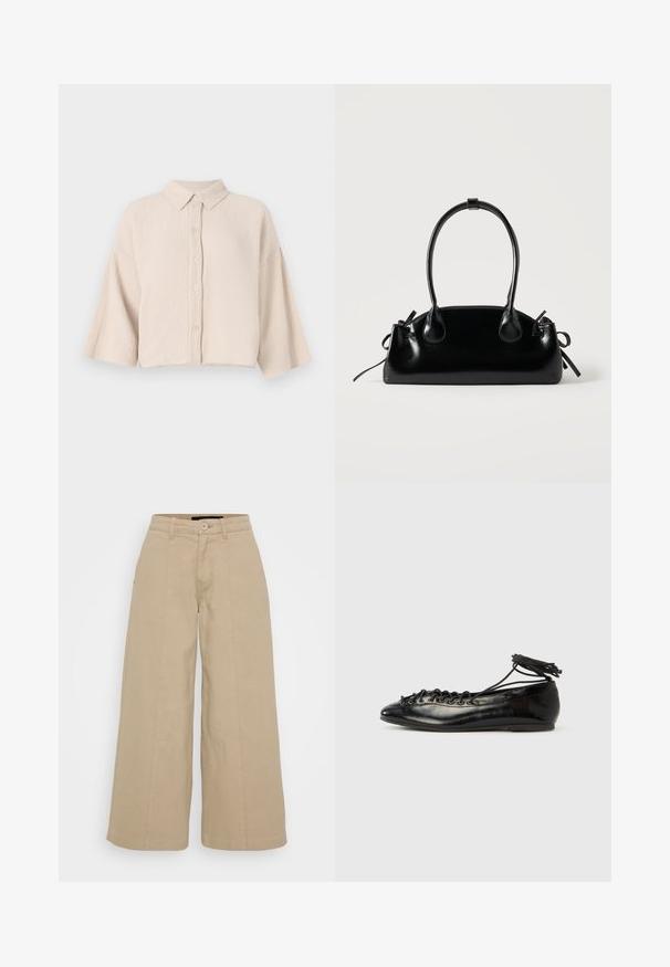 Chemise à manches courtes, à boutons, en tissu beige clair froissé. Dotée d'un col pointu et de manches larges et décontractées pour un ajustement confortable.; Pantalons larges beige en mélange de coton, dotés de plis sur le devant, d'une fermeture à bouton et de deux poches latérales pour la fonctionnalité.; Ballerines en cuir verni noir avec un bout rond, un design à lacets et une semelle plate. Texture lisse avec peu de détails.; Petit sac à main noir brillant avec deux longues anses et des détails à cordon sur les côtés sur un fond clair uni.
