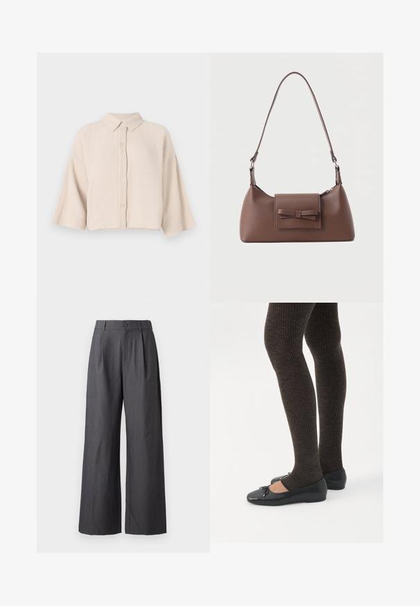 Chemise à manches courtes, à boutons, en tissu beige clair froissé. Dotée d'un col pointu et de manches larges et décontractées pour un ajustement confortable.; Pantalon gris foncé à jambes larges avec plis, passants de ceinture et fermeture par bouton à la taille, présenté sur un fond uni.; Jambes portant des leggings côtelés foncés associés à des ballerines noires avec de petits détails en nœud sur fond blanc.; Sac à bandoulière en cuir marron avec une poche à rabat avant ornée d'un détail en forme de nœud cousu et une sangle réglable.