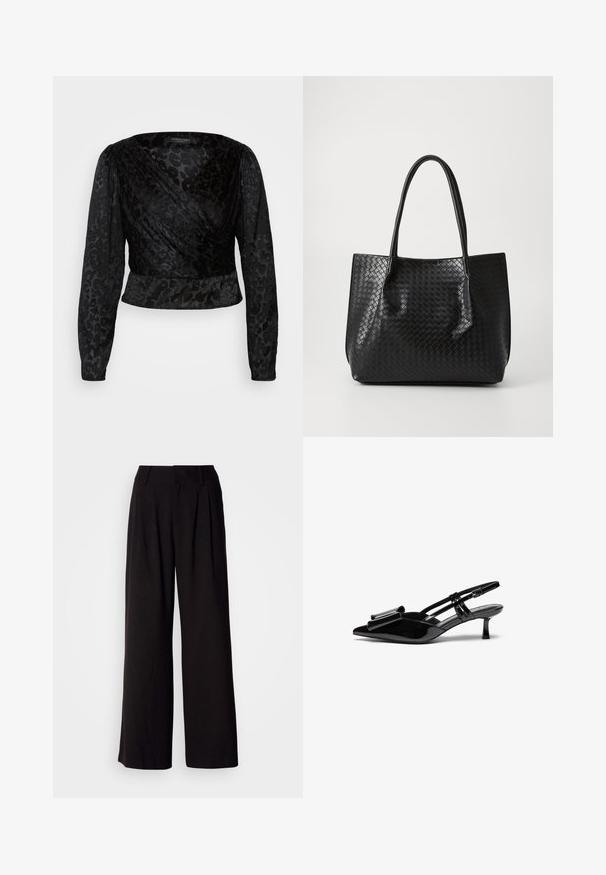 Top noir à manches longues en voile transparent et à motif léopard texturé. Le tissu est lisse avec une silhouette ajustée et un décolleté en V.; Pantalon large noir en tissu lisse, avec des plis à l'avant, une taille ajustée, et sans motifs ni accents visibles.; Talons aiguilles en cuir verni noir avec un bout pointu, un détail en nœud à l'avant et un petit talon stiletto. Les brides sont équipées de boucles ajustables.; Sac de tote en cuir tressé noir avec deux poignées, forme structurée et finition légèrement brillante sur un fond clair.