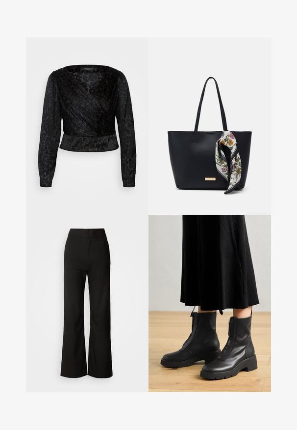Top noir à manches longues en voile transparent et à motif léopard texturé. Le tissu est lisse avec une silhouette ajustée et un décolleté en V.; Pantalons noirs à jambes larges avec une texture lisse, taille haute et un design épuré. Pas de poches visibles ni d'embellissements.; Bottines en cuir noir avec une semelle plateforme épaisse et une fermeture éclair à l'avant. Texture lisse avec un design minimaliste.; Sac fourre-tout en cuir noir avec deux poignées, orné d'une écharpe en soie florale attachée à la poignée et d'un accent logo métallique à l'avant.