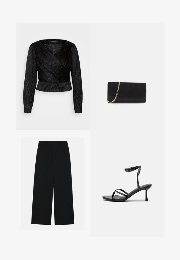 Top noir à manches longues en voile transparent et à motif léopard texturé. Le tissu est lisse avec une silhouette ajustée et un décolleté en V.; Pantalons noirs à jambe large en tissu lisse. Dotés d'une taille plate avec passants de ceinture et sans poches visibles. Design simple.; Sandales à talons hauts noires avec un design à fines lanières, texture lisse, boucle à la cheville et bout pointu. Détail de bride de cheville ajustable.; Porte-monnaie noir en daim avec une finition texturée, doté d'une chaîne dorée et d'un design épuré et angulaire.