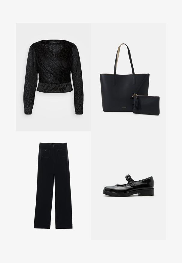 Top noir à manches longues en voile transparent et à motif léopard texturé. Le tissu est lisse avec une silhouette ajustée et un décolleté en V.; Pantalons larges en velours noir avec deux poches arrière et une texture lisse, présentant une coupe droite et une finition ourlée aux chevilles.; Chaussure Mary Jane en cuir verni noir avec bout rond, petit talon bloc et bride réglable avec boucle sur le coup de pied.; Sac fourre-tout noir avec un matériau texturé, deux longues anses et une pochette zippée amovible avec un détail de pompon. Logo de la marque en orvisible.