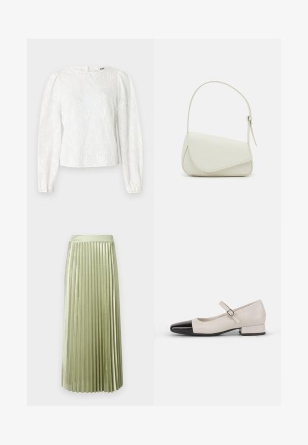 Blouse blanche avec broderies florales, manches longues bouffantes, encolure arrondie et fermeture éclair au dos. Tissu lisse et léger.; Jupe midi plissée en satin vert clair avec une texture lisse. Taille ajustée, longueur mi-mollet, avec des plis verticaux réguliers sur toute la surface.; Chaussure de style Mary Jane en cuir crème avec un bout en vernis noir. Présente un bout rond, une sangle de cheville avec une boucle carrée et un petit talon carré.; Sac à main en cuir synthétique blanc avec une forme triangulaire structurée, une bandoulière unique réglable et un rabat à courbes accentuées.