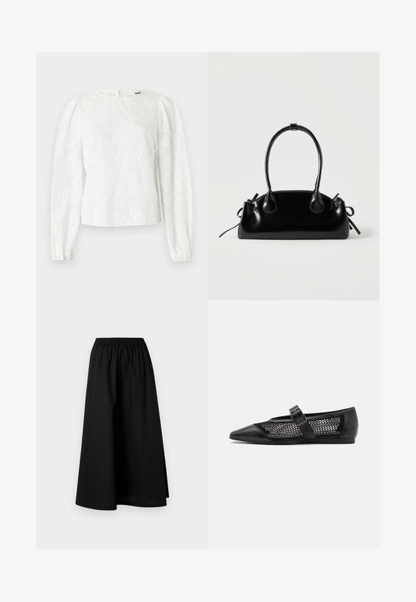 Blouse blanche avec broderies florales, manches longues bouffantes, encolure arrondie et fermeture éclair au dos. Tissu lisse et léger.; Jupe noire arrivant aux genoux, fabriquée en matériau léger avec une taille élastique et une silhouette décontractée en A. Ne présente aucun motif visible.; Chaussure plate noire avec un bout pointu, panneaux latéraux en maille et une sangle avec une boucle décorative. Fini lisse sur les sections du bout et du talon.; Petit sac à main noir brillant avec deux longues anses et des détails à cordon sur les côtés sur un fond clair uni.