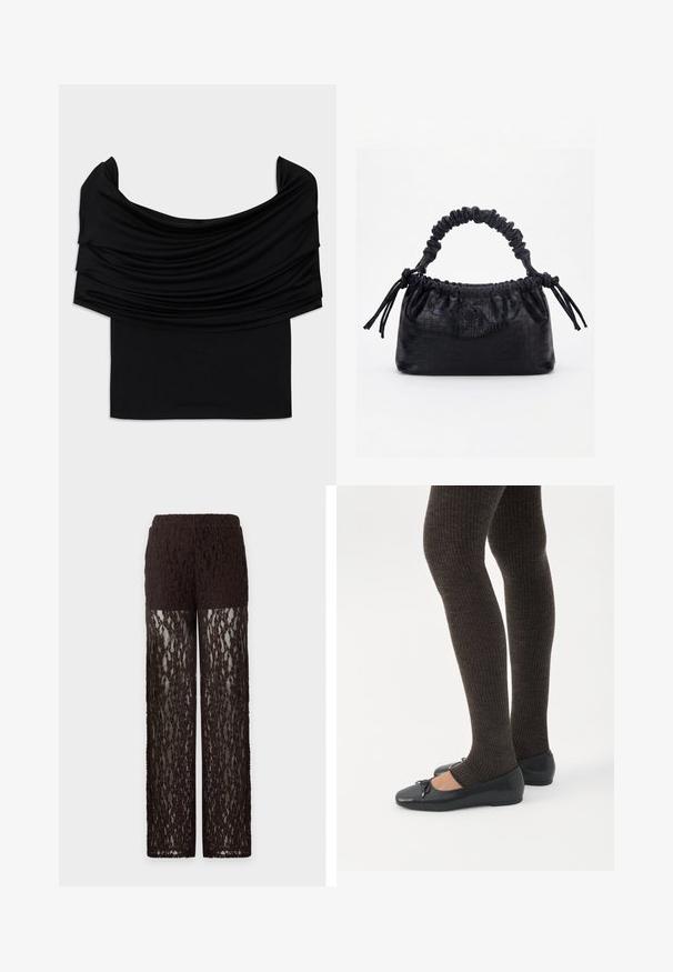 Top noir décolleté avec un tissu drapé, texture douce et design ajusté. Présente un ourlet lisse et minimal à la taille.; Pantalon en dentelle marron avec partie haute de la cuisse opaque et jambes en dentelle transparente, coupe droite et taille élastique.; Jambes portant des leggings côtelés foncés associés à des ballerines noires avec de petits détails en nœud sur fond blanc.; Sac à main noir avec texture crocodile, bord supérieur froncé, poignée plissée et pompons à cordon de chaque côté sur fond blanc.