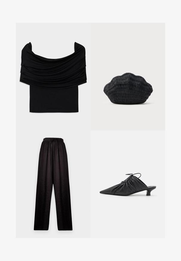 Zwarte off-shoulder top met gevallen stof, zachte textuur en een getailleerd ontwerp. Kenmerkt zich door een gladde, minimalistische zoom op de taille.; Zwarte wijde broek met een elastische tailleband en een subtiele luipaardprint textuur, met een trekkoord aan de voorkant.; Zwarte leren instappers met een spitse neus, gegatherde textuur en een kleine kittenhiel. Heeft een trekkoorddetail aan de opening.; Zwarte gevlochten handtas in de vorm van een sint-jakobsschelp met een gebogen bovenkant en een geweven textuur op een effen achtergrond.