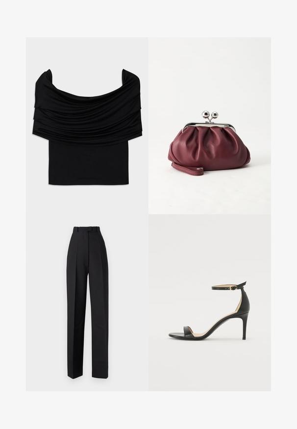 Sort off-shoulder top med draperet stof, blød tekstur og en tætsiddende pasform. Har en glat, minimal kant ved taljen.; Sorte højtaljede bukser med plisseringer, der har et skræddersyet design og lige ben. Fremstillet af et glat stof med minimal detaljering.; Sort læder højhælede sandaler med ankelrem. Har en glat tekstur, åben tå og en tynd hæl. Guldtonet spænde detalje.; Lille bordeauxlæder clutch-pung med sølv metal lukning og håndledsrem på hvid baggrund.