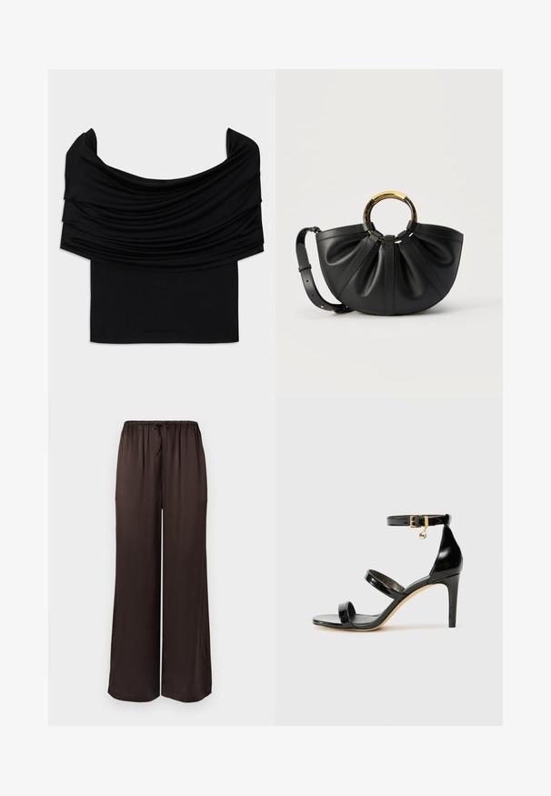 Sort off-shoulder top med draperet stof, blød tekstur og en tætsiddende pasform. Har en glat, minimal kant ved taljen.; Sorte, vidde bukser lavet af glat stof med elastik i taljen og snøre. Har et løst, flydende design.; Sorte patenterede lædersandaler med tre stropper, ankelspænde og 10 cm stiletthæl. Har detaljer i guld og et logo charms.; Sort læderhåndtaske med folder, guldbelagt og skildpaddefarvet cirkulært håndtag samt justerbar skulderrem på hvid baggrund.