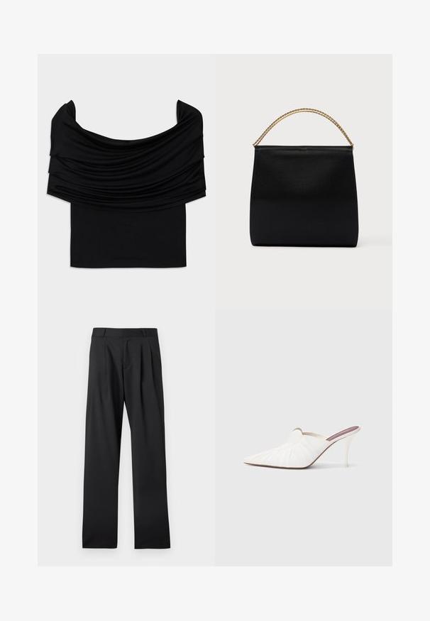 Sort off-shoulder top med draperet stof, blød tekstur og en tætsiddende pasform. Har en glat, minimal kant ved taljen.; Sorte formelle bukser med bæltestropper og folder, lige ben pasform, lagt fladt på en hvid baggrund.; Hvide mule sko med spids snude, plisseret tekstur på overdelen og en slank stilet hæl. Glat overflade og minimalistisk design.; Sort taske lavet af glat stof, med en struktureret form, et håndtag med guld kæde og et minimalistisk geometrisk design.