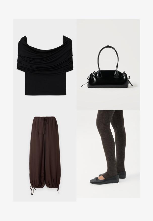 Zwarte off-shoulder top met gevallen stof, zachte textuur en een getailleerd ontwerp. Kenmerkt zich door een gladde, minimalistische zoom op de taille.; Bruine loszittende broek met elastische tailleband en verstelbare trekkoorden bij taille en enkels, lichtgewicht gestructureerde stof.; Benen met donkere geribbelde leggings gecombineerd met zwarte ballerina's met kleine strikdetails op een witte achtergrond.; Kleine zwarte glanzende handtas met twee lange hengsels en zijkant trekkoord details op een effen lichte achtergrond.