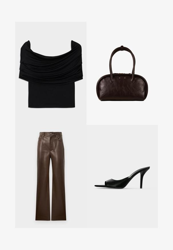 Sort off-shoulder top med draperet stof, blød tekstur og en tætsiddende pasform. Har en glat, minimal kant ved taljen.; Brune læderflarede bukser med en glat tekstur, fem-lomme design, lynlås foran og metalknaplukning, der har en høj talje.; Sort læder åben tå højhælet mule med en slank stilet hæl, vist i sideprofil på en ensfarvet baggrund.; Mørkebrun læderhåndtaske med afrundede øverste kanter, to lange håndtag og en lille rektangulær logo plade på forsiden.