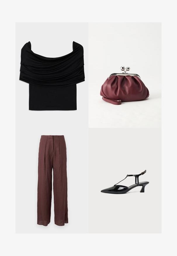 Sort off-shoulder top med draperet stof, blød tekstur og en tætsiddende pasform. Har en glat, minimal kant ved taljen.; Mørkebrune bukser med høj talje, brede ben, forreste plisseringer og struktureret talje, lavet af letvægtsstof.; Sort laklæder spids tå slingback sko med T-rem og lav skrå blokhæl på hvid baggrund.; Lille bordeauxlæder clutch-pung med sølv metal lukning og håndledsrem på hvid baggrund.