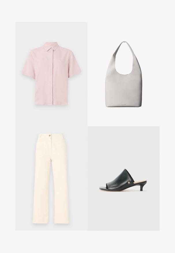 Chemise courte à manches courtes rose clair avec un col classique et une fermeture à boutons sur le devant. Fabriquée en tissu lisse avec une coupe légèrement décontractée.; Pantalons larges beiges en coton avec fermeture à bouton à l'avant et deux grandes poches arrière. Texture lisse et ourlet fini.; Mules ouverts en cuir noir avec un talon bas. Présentent une surface lisse et un accent logo doré sur le côté.; Sac fourre-tout en cuir blanc avec une bandoulière unique, texture douce et logo discret Calvin Klein près du centre en bas.