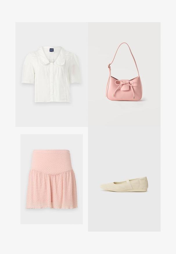 Witte blouse met korte mouwen en kraag, voorzien van knoopsluiting, met subtiele verticale plooien en textuurelementen aan de zijkanten.; Lichtroze gestructureerde minirok met brede tailleband en geplooide stofdetails op een effen achtergrond.; Beige ballerina's met een gladde leren buitenkant, amandelvormige punt en elastische band over de wreef, met subtiele stiksels.; Kleine schoudertas in pastelroze met verstelbare band en een strikdetail aan de voorkant met goudkleurige uiteinden, afgebeeld op een effen achtergrond.
