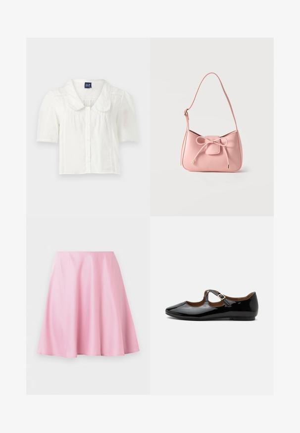 Witte blouse met korte mouwen en kraag, voorzien van knoopsluiting, met subtiele verticale plooien en textuurelementen aan de zijkanten.; Roze knielange A-lijn rok met gladde stof en lichte plooien, weergegeven tegen een effen witte achtergrond.; Zwarte lakleren Mary Jane platte schoen met twee uitsparingen en een gouden gespbandje op een witte achtergrond.; Kleine schoudertas in pastelroze met verstelbare band en een strikdetail aan de voorkant met goudkleurige uiteinden, afgebeeld op een effen achtergrond.