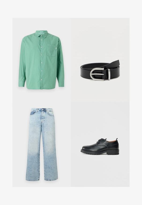 Chemise verte à boutons, manches longues, en coton, avec une poche poitrine unique, coupe décontractée, texture subtile et col classique.; Jean en denim bleu clair taille haute avec une fermeture à bouton et fermeture éclair, poches avant et coupe large.; Chaussures derby en cuir noir avec une texture lisse, bout rond, design à lacets et une semelle en caoutchouc épaisse et robuste.; Ceinture en cuir noir avec une texture lisse, dotée d'une boucle en métal argenté et d'une forme rectangulaire classique.