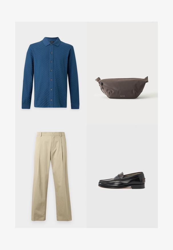 Chemise bleue texturée à manches longues avec col et boutons marron sur un fond clair uni.; Pantalon beige en coton, avec une coupe droite, des plis à l'avant et une fermeture de taille traditionnelle. Texture lisse, détails minimaux.; Mocassins en cuir noir avec un design de style mocassin, présentant une bande décorative et un détail de couture sur le dessus. Talon bloc bas.; Sac banane en tissu marron foncé avec poche zippée en diagonale et petit logo blanc sur le devant, sur un fond clair uni.