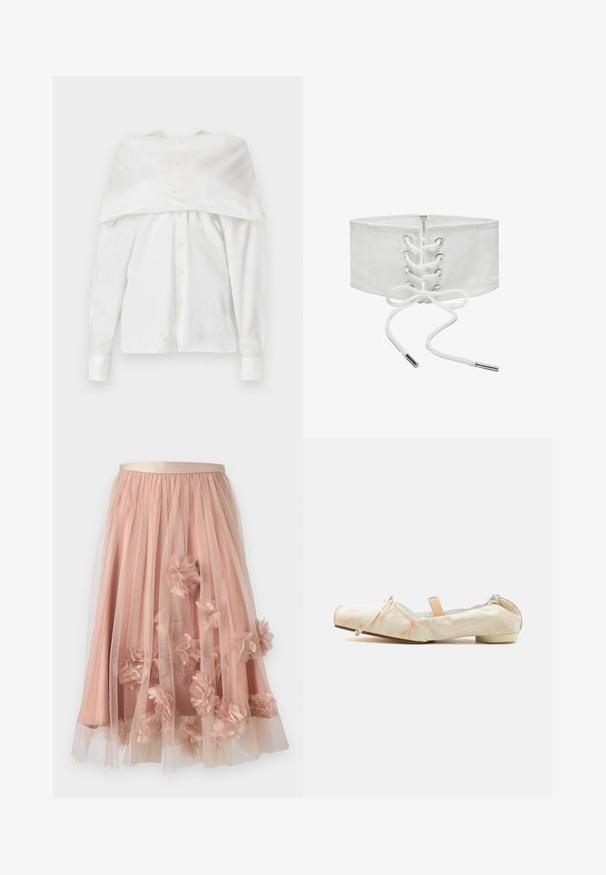 Chemise blanche à manches longues, en coton, avec un devant à boutons, un design dégageant les épaules et un dos drapé, texture lisse, col classique et poignets.; Jupe en tulle rose pâle avec une ceinture en satin. Comprend plusieurs couches de tissu transparent et des appliqués floraux en trois dimensions sur toute la surface.; Ballerine en tissu doux beige avec un petit talon, un dos élastique, un détail de nœud sur l'orteil et une sangle élastique pêche traversant le cou-de-pied.; Large ceinture corset blanche avec laçage devant, œillets métalliques et fermeture éclair, présentée sur un fond blanc uni.