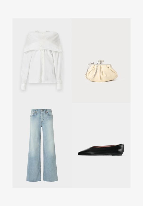 Chemise blanche à manches longues, en coton, avec un devant à boutons, un design dégageant les épaules et un dos drapé, texture lisse, col classique et poignets.; RE/DONE MID RISE PALAZZO - Jean boyfriend - blue denim; Chaussure plate en cuir noir pour femme, avec bout pointu et petit talon, vue de côté sur un fond gris clair uni.; Pochette en cuir beige plissé avec un cadre en métal argenté, dotée de deux fermoirs ronds décoratifs et d'une chaîne en argent.