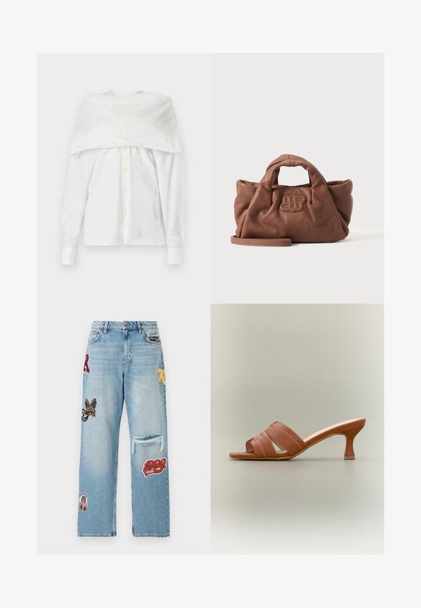 Hvid langærmet skjorte, bomuldsstof, knaplukning fortil, off-shoulder design med draperet ryg, glat tekstur, klassisk krave og manchetter.; Lys blå denim jeans med forskellige lapper, et slidt knæ og en bred benpasform. Bemærkelsesværdige farver inkluderer rød, gul og sort.; Brun mule med åben tå, to brede krydsede remme og en slank hæl i mellemstørrelse på en neutral baggrund.; Blød brun lædertaske med korte håndtag, et forrest syet logo og en aftagelig lang rem på en enkel lys baggrund.