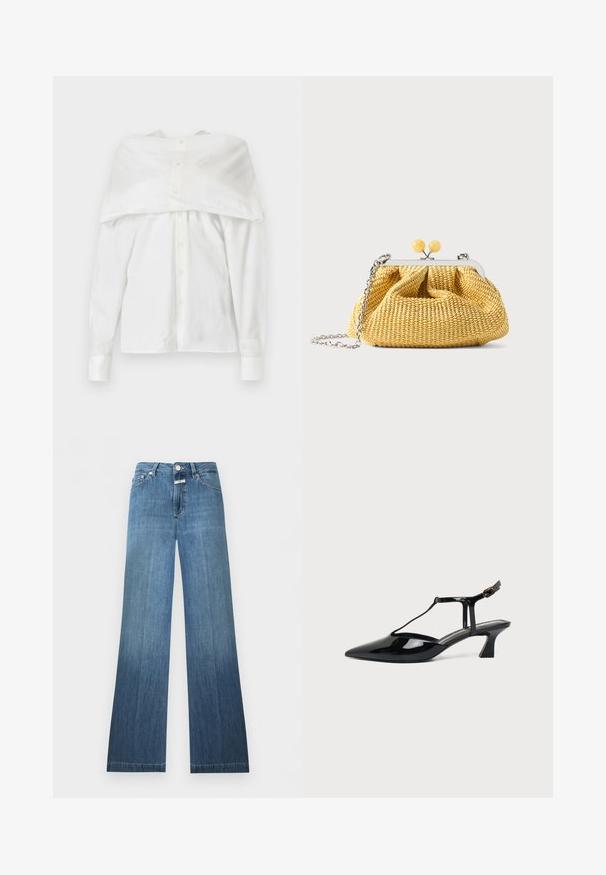 Chemise blanche à manches longues, en coton, avec un devant à boutons, un design dégageant les épaules et un dos drapé, texture lisse, col classique et poignets.; Jean en denim bleu à taille haute, fermeture à boutons, poches avant et arrière, et légère évasement en bas.; Chaussure slingback en cuir verni noir à bout pointu avec bride en T et petit talon bloc incliné sur fond blanc.; Petit sac à main tissé jaune avec cadre argenté, deux fermoirs boules jaunes et une bandoulière chaîne argentée sur fond blanc.