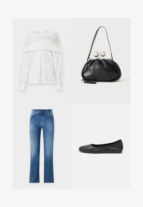 Chemise blanche à manches longues, en coton, avec un devant à boutons, un design dégageant les épaules et un dos drapé, texture lisse, col classique et poignets.; Jean bleu taille haute à jambes droites avec bouton et fermeture éclair devant, ainsi que poches devant et derrière, présenté sur un fond clair uni.; Ballerines en cuir noir avec un bout rond, texture lisse, détails de couture minimalistes et design de semelle flexible.; Sac à main en cuir noir avec un design plissé, une sangle unique, un cadre métallique argenté et deux grandes fermoirs ronds en argent.