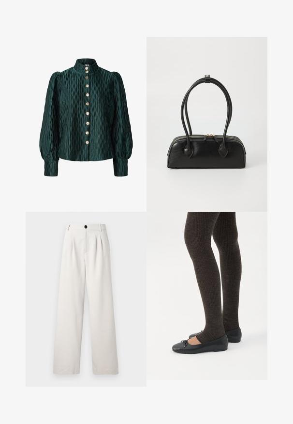 Blusa texturizada de color verde oscuro con mangas largas abullonadas, cuello alto y una fila frontal de ocho botones redondos dorados.; Pantalones de pierna ancha beige fabricados con un tejido suave, que presentan pliegues frontales, un cierre de botón único y bolsillos laterales para mayor funcionalidad.; Piernas con leggings oscuros acanalados combinados con bailarinas negras que presentan pequeños detalles de lazo sobre un fondo blanco.; Bolso de mano de cuero negro con dos asas alargadas, cierre de cremallera y forma redondeada; textura suave con un acabado ligeramente brillante.