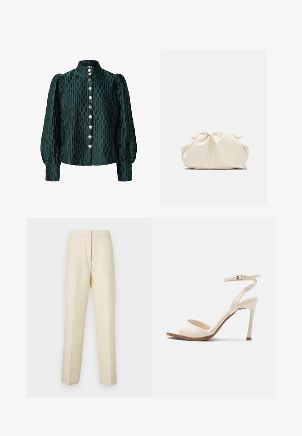Donkergroene gebreide blouse met opgeblazen lange mouwen, hoge kraag en een voorkant met acht gouden ronde knopen.; Lichte crème tailored broek met een textuur van bloemmotief, met een rechte pijp en een schone tailleband met een achtersluiting.; Beige sandaal met hoge hak, dunne enkelband met gouden gesp, open teen en slanke naaldhak op een witte achtergrond.; Zachte, crèmekleurige leren clutch met geplooid, gerimpeld ontwerp en een dunne schouderriem die vooraan op een effen achtergrond ligt.
